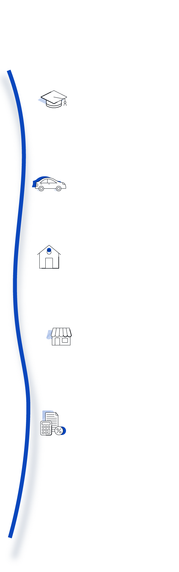 A wavy line with five icons representing five data points: a graduation cap followed by “70% of students who receive a bachelor’s degree borrow to fund a portion of their college expenses”; a car followed by “81% of new car purchases in Q1 2021 were financed”; a house followed by “96% of first-time buyers financed their home purhcase with a mortgage”; a shop building followed by “43% of small businesses applied for a loan in 2018”; and finally a calculator with a generic paper and percentage icon followed by “30% of Americans’ monthly income on average goes towards paying off debt other than mortgages.”